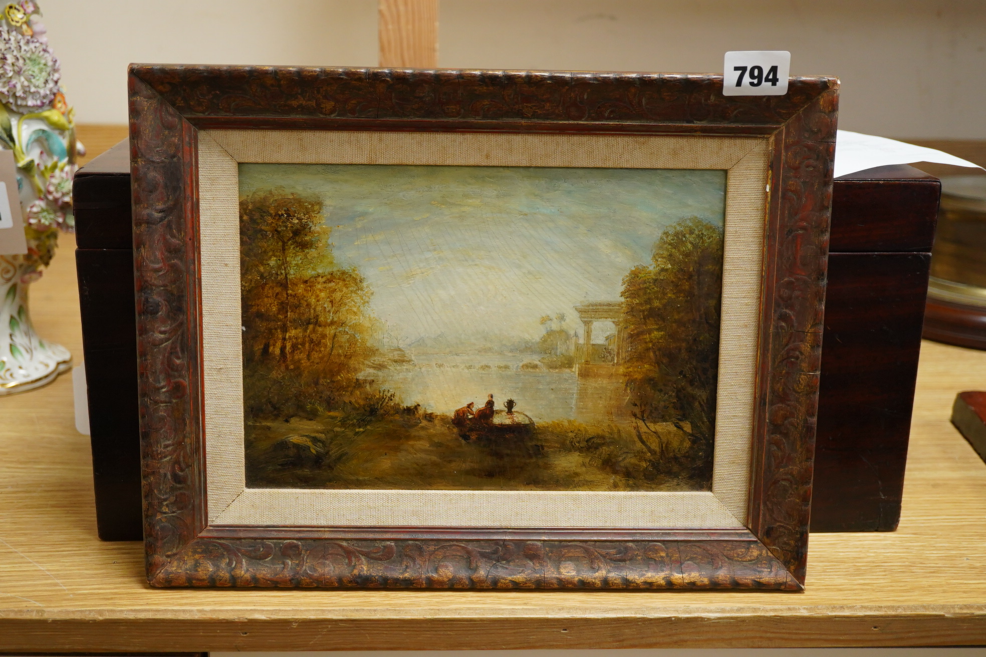 Manner of JMW Turner RA (1775-1851), Italianate lakeside view, ink inscription verso, inscribed JMW Turner, unsigned oil on board, 17 x 24.5cm